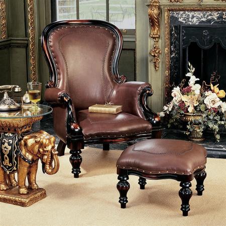 DESIGN TOSCANO Victorian Rococo Faux Leather Wing Chair and Ottoman AF791123